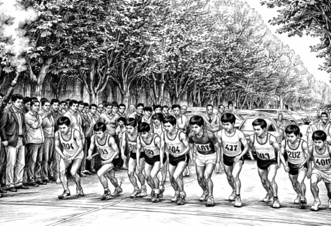 Ilustración de una largada de la Maratón Aniversario Rivadavia en los ’80.