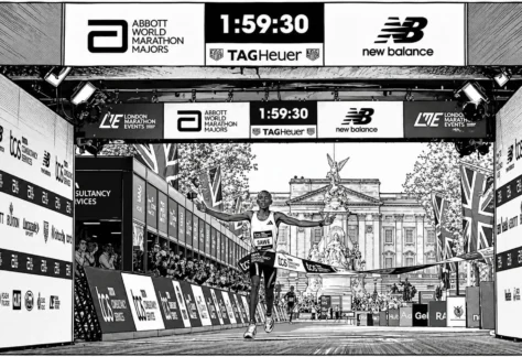 Sebastian Sawe rompe en Londres el récord de 42K. Imagen generada con IA.