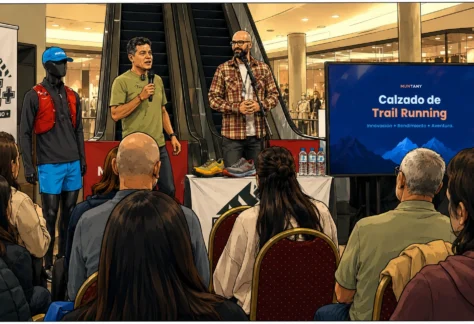 Representación de la charla sobre zapatillas para trail running que brindaron Abel Rodríguez (con el micrófono) y Manuel Llach.